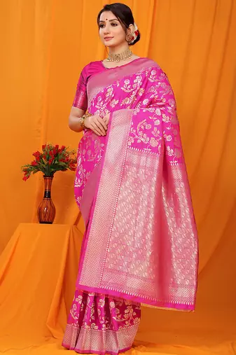 Rani pink banarasi silk blend saree with rich zari floral weaving