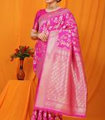 Rani pink banarasi silk blend saree with rich zari floral weaving