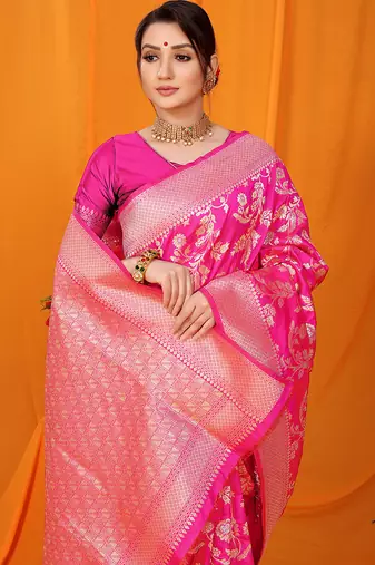 Rani pink banarasi silk blend saree with rich zari floral weaving