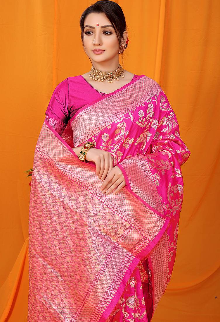 Rani pink banarasi silk blend saree with rich zari floral weaving