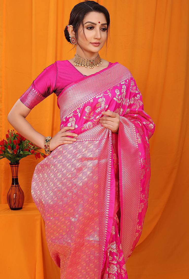Rani pink banarasi silk blend saree with rich zari floral weaving