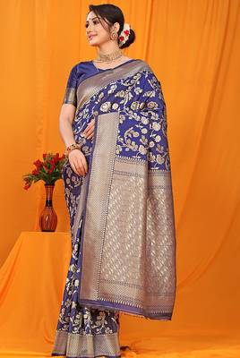 Navy blue banarasi silk blend saree with rich zari floral weaving 1