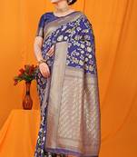 Navy blue banarasi silk blend saree with rich zari floral weaving
