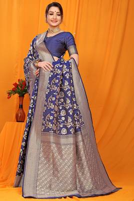 Navy blue banarasi silk blend saree with rich zari floral weaving 2