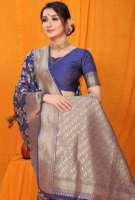 Navy blue banarasi silk blend saree with rich zari floral weaving 3