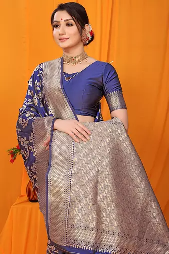 Navy blue banarasi silk blend saree with rich zari floral weaving