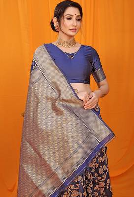 Navy blue banarasi silk blend saree with rich zari floral weaving 4