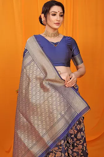 Navy blue banarasi silk blend saree with rich zari floral weaving