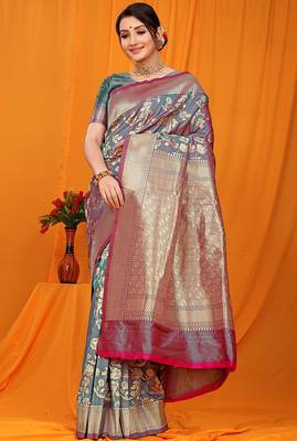 Slate grey banarasi silk blend saree with rich zari floral weaving 1