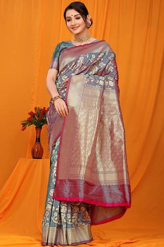 Slate grey banarasi silk blend saree with rich zari floral weaving
