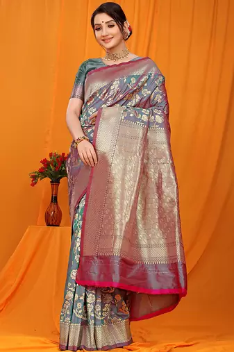 Slate grey banarasi silk blend saree with rich zari floral weaving