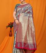 Slate grey banarasi silk blend saree with rich zari floral weaving