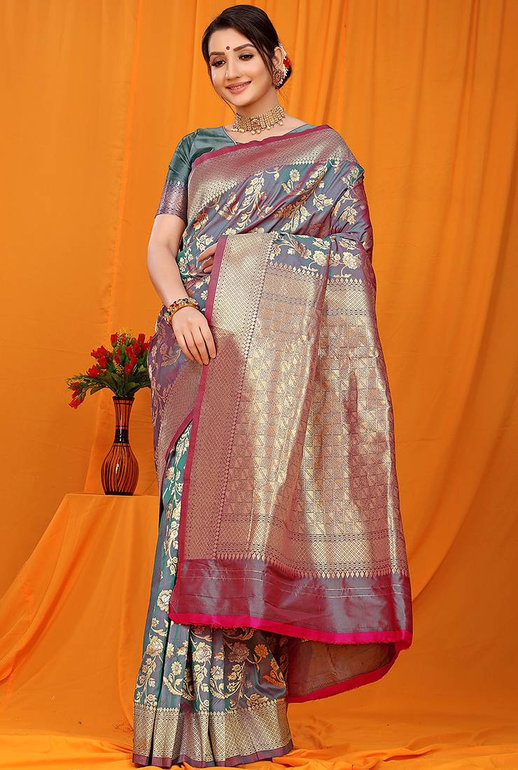 Slate grey banarasi silk blend saree with rich zari floral weaving