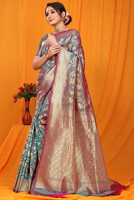 Slate grey banarasi silk blend saree with rich zari floral weaving 2