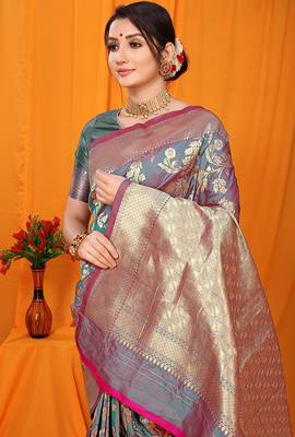 Slate grey banarasi silk blend saree with rich zari floral weaving 3