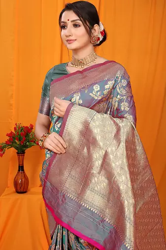 Slate grey banarasi silk blend saree with rich zari floral weaving