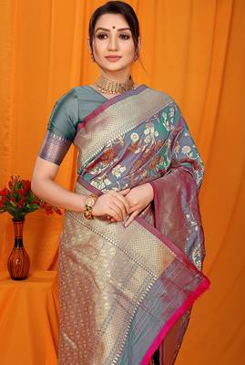 Slate grey banarasi silk blend saree with rich zari floral weaving 4