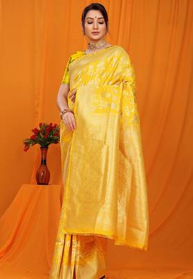 Mustard yellow banarasi silk blend saree with rich zari floral weaving 1
