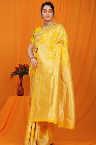 Mustard yellow banarasi silk blend saree with rich zari floral weaving