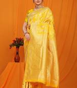 Mustard yellow banarasi silk blend saree with rich zari floral weaving