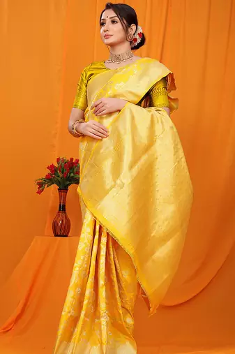 Mustard yellow banarasi silk blend saree with rich zari floral weaving