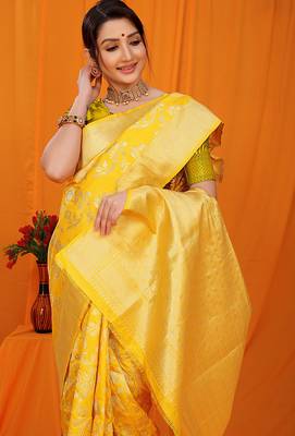 Mustard yellow banarasi silk blend saree with rich zari floral weaving 3