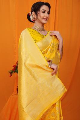 Mustard yellow banarasi silk blend saree with rich zari floral weaving 4