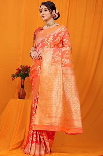 Orange banarasi silk blend saree with rich zari floral weaving