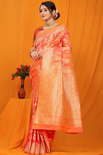 Orange banarasi silk blend saree with rich zari floral weaving