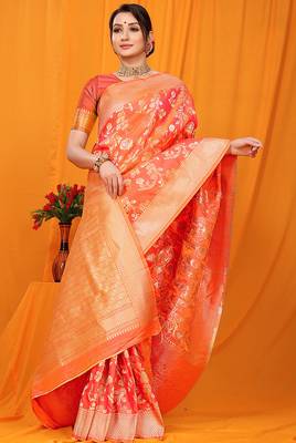 Orange banarasi silk blend saree with rich zari floral weaving 2