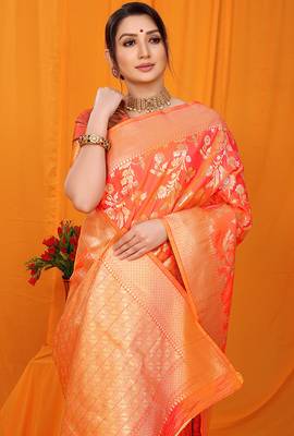 Orange banarasi silk blend saree with rich zari floral weaving 3