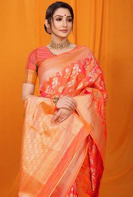 Orange banarasi silk blend saree with rich zari floral weaving 4