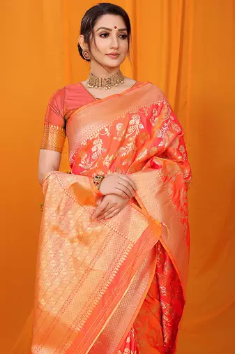 Orange banarasi silk blend saree with rich zari floral weaving