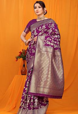 Dark purple banarasi silk blend saree with rich zari floral weaving 1