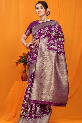 Dark purple banarasi silk blend saree with rich zari floral weaving
