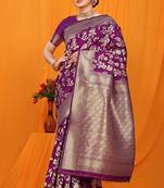 Dark purple banarasi silk blend saree with rich zari floral weaving