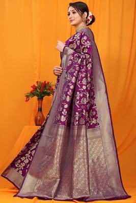 Dark purple banarasi silk blend saree with rich zari floral weaving 2