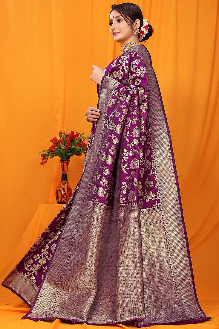 Dark purple banarasi silk blend saree with rich zari floral weaving