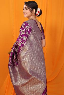 Dark purple banarasi silk blend saree with rich zari floral weaving 3