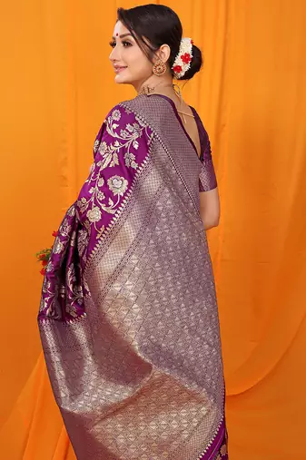 Dark purple banarasi silk blend saree with rich zari floral weaving