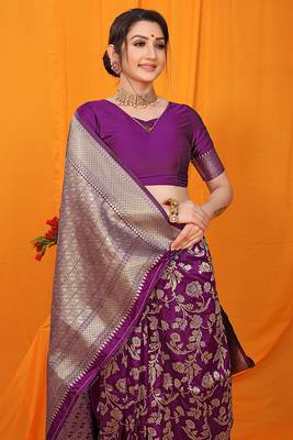 Dark purple banarasi silk blend saree with rich zari floral weaving 4