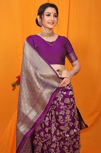 Dark purple banarasi silk blend saree with rich zari floral weaving