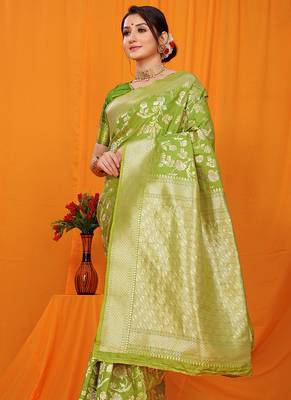 Light green banarasi silk blend saree with rich zari floral weaving 1