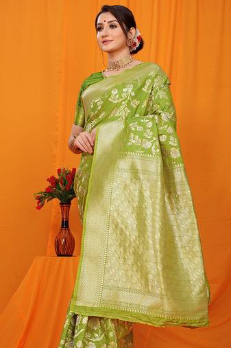Light green banarasi silk blend saree with rich zari floral weaving
