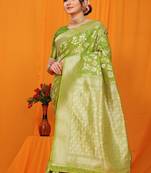 Light green banarasi silk blend saree with rich zari floral weaving