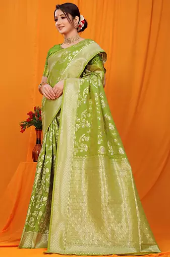 Light green banarasi silk blend saree with rich zari floral weaving