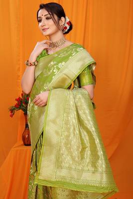 Light green banarasi silk blend saree with rich zari floral weaving 3