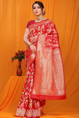 Red banarasi silk blend saree with rich zari floral weaving 1