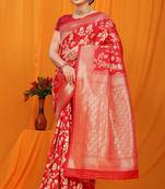 Red banarasi silk blend saree with rich zari floral weaving