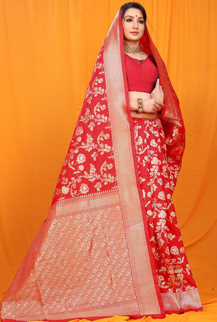 Red banarasi silk blend saree with rich zari floral weaving